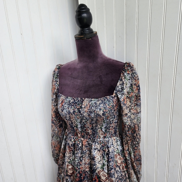 NWT O.P. T Women's Boho Smocked Midi Maxi Dress Navy Flur Floral Shine Sz M - Picture 2 of 13